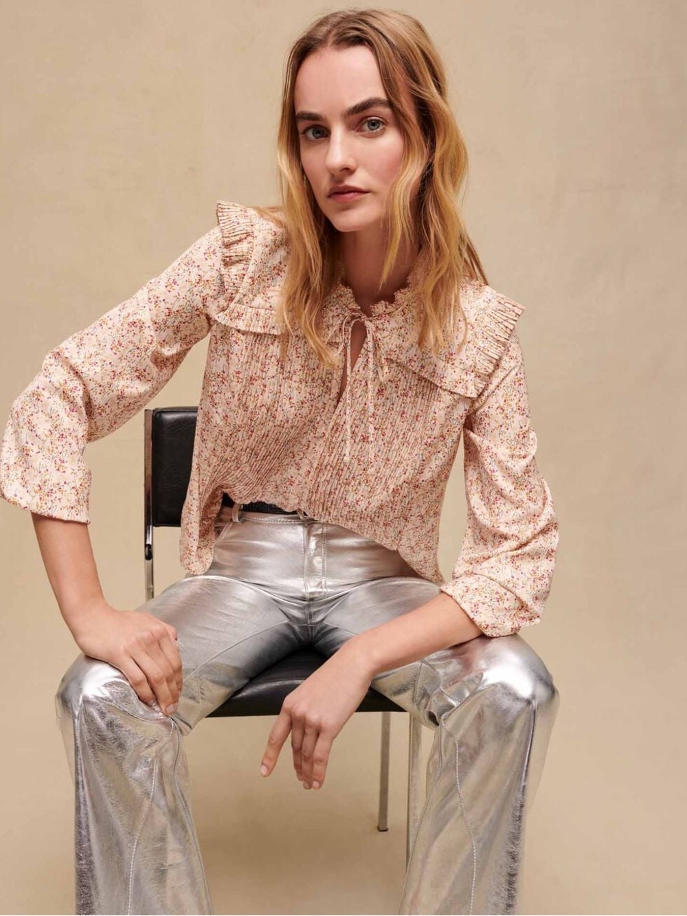 Maje Pink Floral Smocked Ruffle Blouse